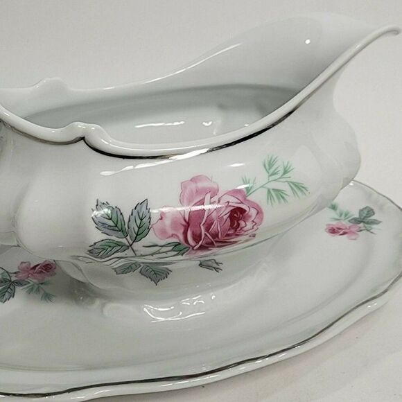Home Arts ENCHANTED ROSE Pink Gravy Boat with Attached Underplate Germany - Picture 11 of 11